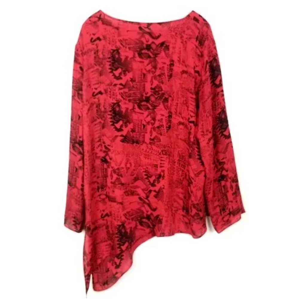 CHICO'S Asymmetrical Silk Tunic Top Side Slit Red with Black Graphic Print